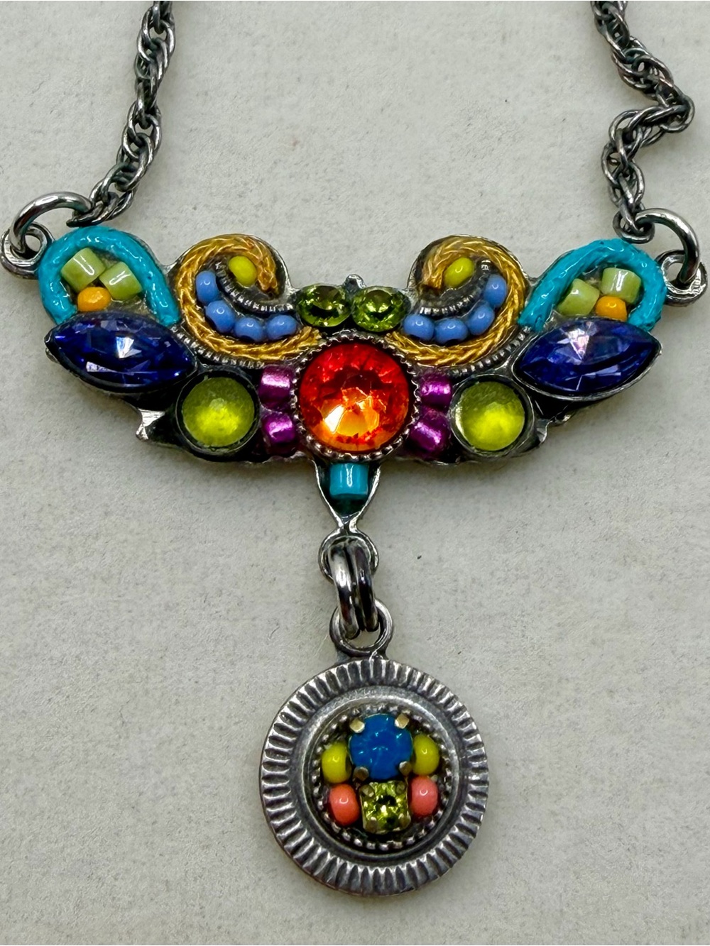 Firefly Mosaic Crystal Pendant Necklace Multi-Color Silver Tone Boho